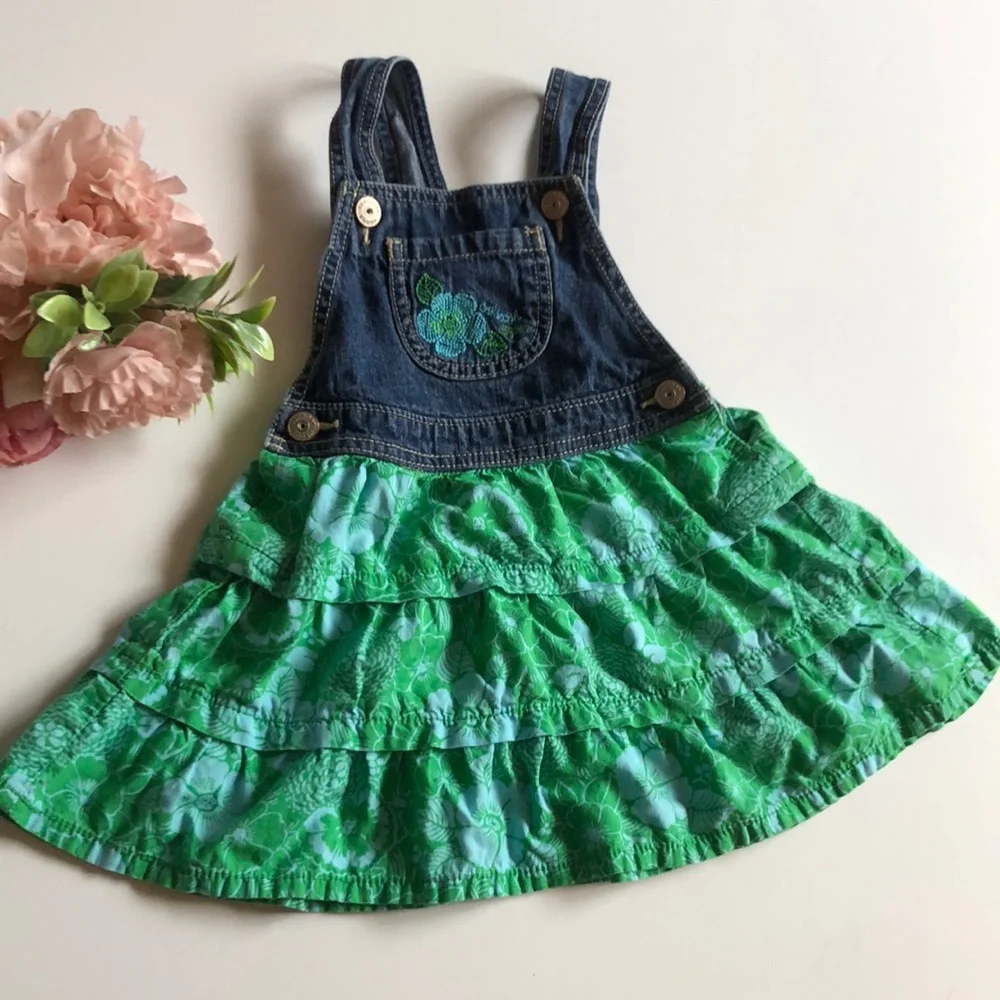 Oshkosh Denim Dress Hawaiian Girls Denim Overall Dress with Tropical Dress